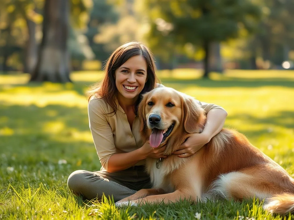 Kobieta przytulająca szczęśliwego golden retrievera na zielonym trawniku w słonecznym parku.