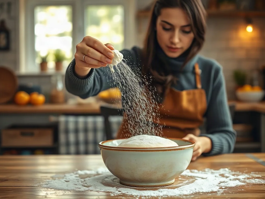 Kobieta posypuje mąką wyrastające w ceramicznej misce ciasto drożdżowe na drewnianym kuchennym blacie.