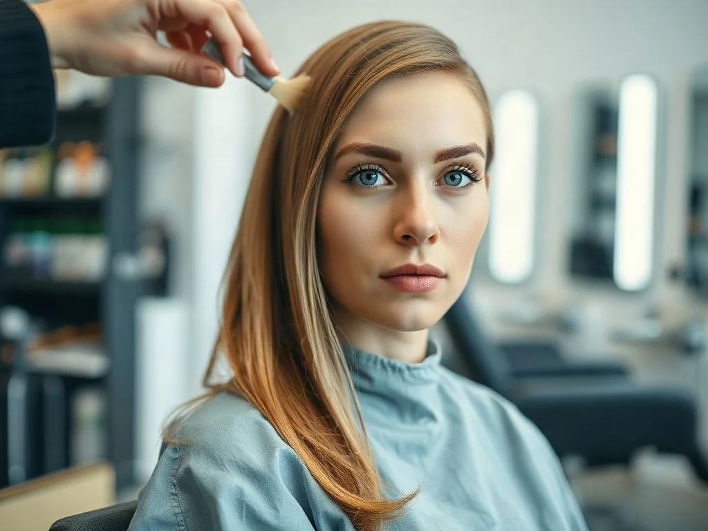 Fryzjerka precyzyjnie nakłada rozjaśniacz na pasma włosów klientki w profesjonalnym salonie fryzjerskim.