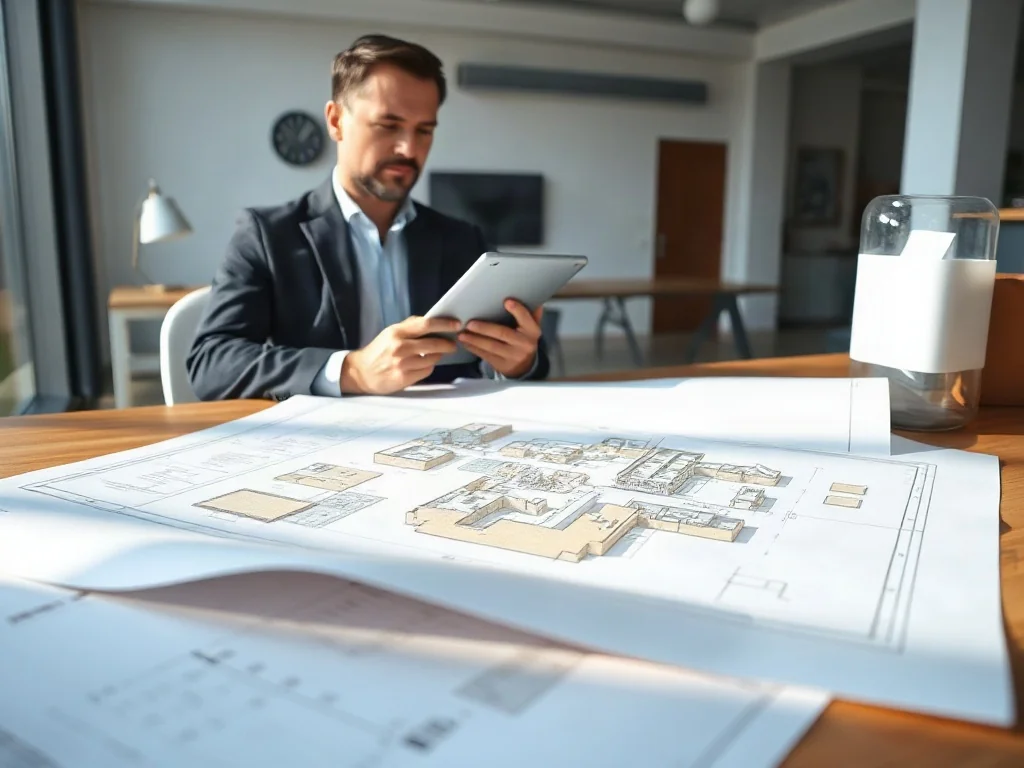Architekt analizujący plan zagospodarowania terenu na tablecie przy biurku z rozłożonym projektem budowlanym.