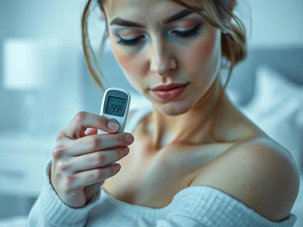 Kobieta mierzy temperaturę ciała za pomocą termometru elektronicznego umieszczonego pod pachą.